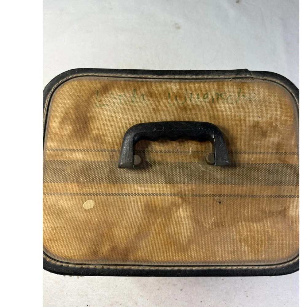 Vintage 1940s Canvas Train Case Overnight Cosmetic Vanity Suitcase Luggage Tan